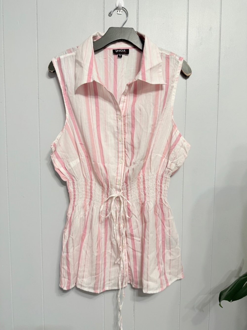 #15)  Unique Spectrum Pink & White Striped Sleeveless Drawstring Waist Blouse